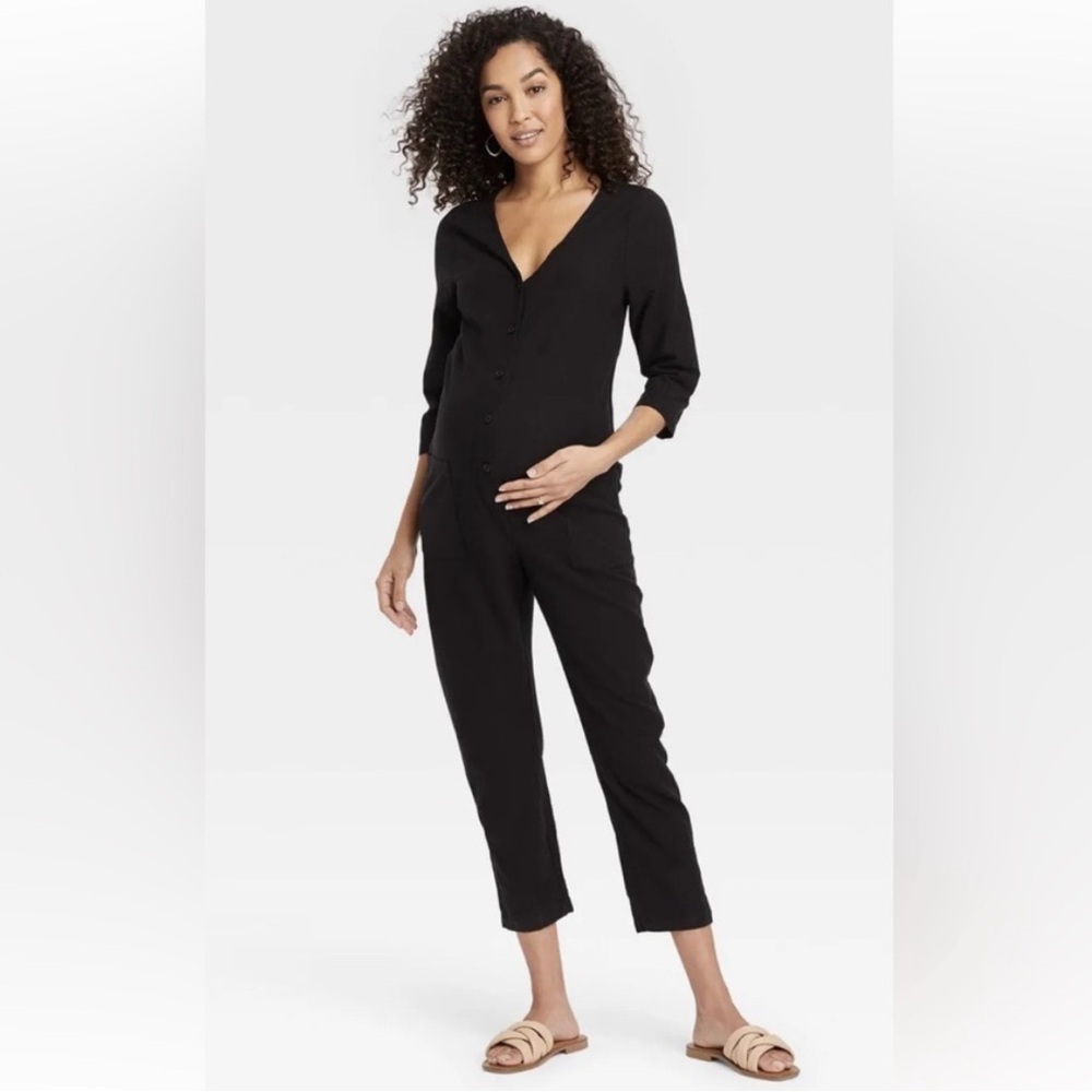 The Nines BY HATCH 3/4 Sleeve Button Up Black Maternity Jumpsuit Romper